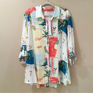 JANE AND DELANCEY Top Shirt Plus 1X Tropical Beach Button Linen Blend New